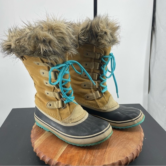 Sorel Joan of Arctic Leather Waterproof Boots NL1540-373 Curry/Turquoise Size 7 - Picture 1 of 7
